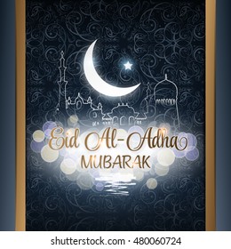 Vector illustration of Eid Al Adha Mubarak gold blue background with mosque