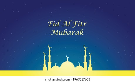 Vektorgrafik von Eid Al Fitr Mubarak Gruß. Eid Al Fitr Mubarak Banner mit glühender Gold Moschee und Sternenhimmel. 
