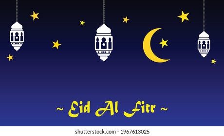 Vector Illustration of Eid Al Fitr Greeting Banner. Eid Al Fitr Typography, Lanterns, Crescent Moon and Stars on on a Blue Graded Background.