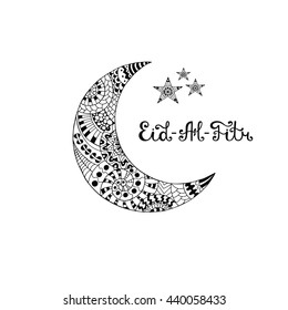 Vector Illustration Eid al Fitr. Greeting card with ornamental  crescent moon and stars on arabic background. Eid-Al-Fitr muslim pattern.