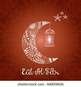 Vector Illustration Eid al Fitr. Greeting card with ornamental lamp, ornate crescent moon and stars on arabic background. Eid-Al-Fitr muslim pattern. 