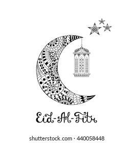 Vector Illustration Eid al Fitr. Greeting card with ornamental lamp, ornate crescent moon and stars on arabic background. Eid-Al-Fitr muslim pattern. 