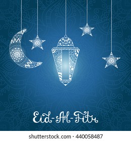 Vector Illustration Eid al Fitr. Greeting card with ornamental lamp, ornate crescent moon and stars on arabic background. Eid-Al-Fitr muslim pattern. 