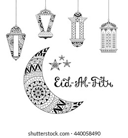 Vector Illustration Eid al Fitr. Greeting card with ornamental lamps, ornate crescent moon and stars on arabic background. Eid-Al-Fitr muslim pattern. 
