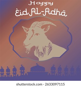 Vektorgrafik der Eid al-Adha-Feier. Grußkarte mit Opferlamm und Moschee. Eid al-Adha Thema.