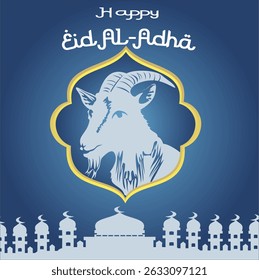 Vektorgrafik der Eid al-Adha-Feier. Grußkarte mit Opferlamm und Moschee. Eid al-Adha Thema.