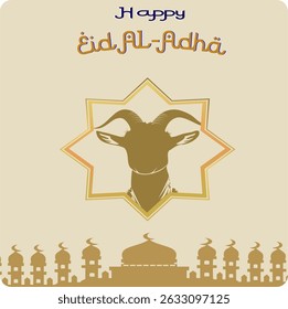 Vector illustration of Eid al-Adha celebration. Greeting card with sacrificial lamb and mosque. Eid al-Adha theme.
