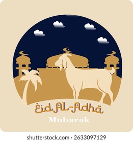 Ilustración vectorial de la celebración de Eid al-Adha. Tarjeta de felicitación con cordero de sacrificio y mezquita. Tema de Eid al-Adha.