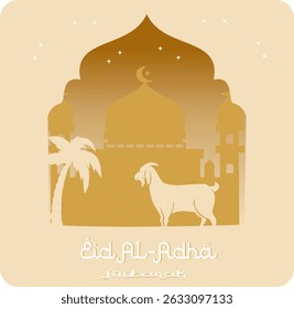 Ilustração vetorial da celebração de Eid al-Adha. Cartão com cordeiro sacrificial e mesquita. Tema de Eid al-Adha.