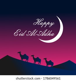 ilustración vectorial de las felicitaciones de Eid Al-Adha. tres camellos en el desierto por la noche. diseño plano y sencillo