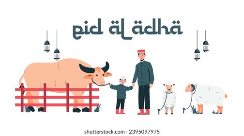 Ilustración vectorial de Eid al-Adha y Fiesta del Sacrificio. familias de ovejas, búfalos y musulmanes les desean un feliz eid al adha Perfecto para afiches y pancartas