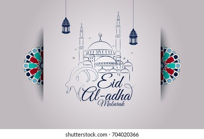 Vector illustration of Eid al-Adha greeting card with goat head and mosque