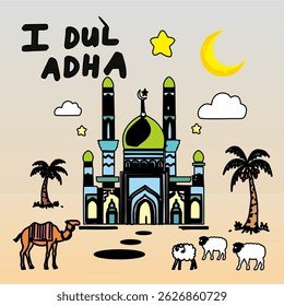 Vector illustration of Eid al-Adha icon image, Eid al-Adha doodle, Hajj holiday, commemoration of Islamic sacrifice