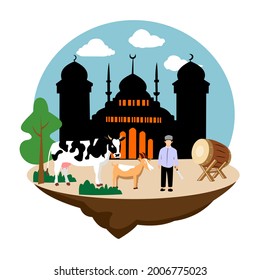 Vektorgrafik von Eid al-Adha Opfertier vor der Moschee.