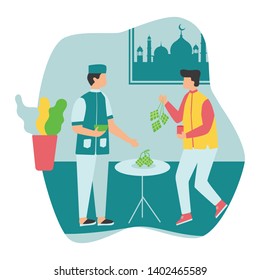 Vector illustration of Eid al-Fitr activities, a man celebrates Eid al-Fitr by giving his friend a ketupat