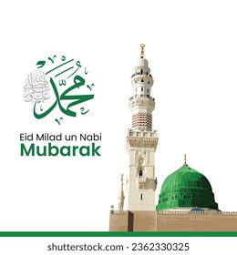 Vector illustration of Eid Milad-Un-Nabi means birth of the Prophet, mosque, stars, background, Islamic greeting banner template.