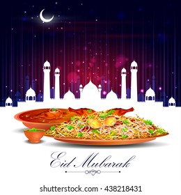 vector illustration of Eid Mubarak ( Blessing for Eid) background with iftar meal