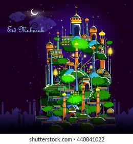 vector illustration of Eid Mubarak ( Blessing for Eid) background with Islamic mosque
