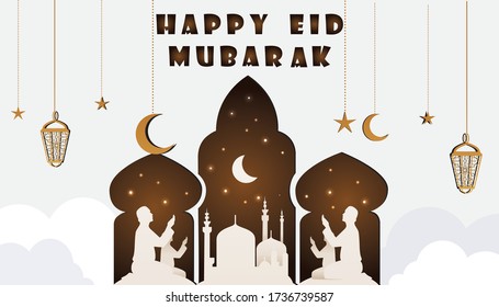 Vector Illustration Eid Mubarak. brown Mosque Building in silhouette with lamp and moon. Moslem Religion Holy Month. Flat Vector Background Illustration