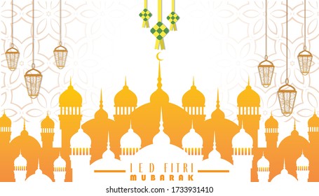 Vector Illustration Eid Mubarak. Gold Moschee Gebäude in Silhouette. Moslem Religion Heiliger Monat. Hintergrundbild des Flachbildschirms