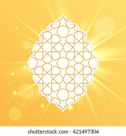 Vector Illustration of Eid Mubarak greeting card design with islamic decorative pattern on golden light background for holy month of muslim community Ramadan Kareem
