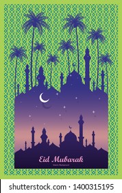 Vector illustration of Eid Mubarak islamic with mosque. Usable as background or greeting cards. 