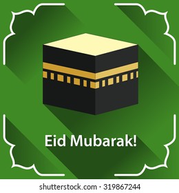 Vector illustration of Eid Mubarak. Kaaba. Saudi Arabia. Muslim symbol. Mosque.