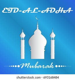 Vector illustration of Eid mubarak. Lettering composition of muslim holy month with mosque building