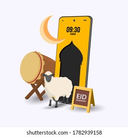 Ilustración vectorial del eid mubarak. Ilustración de bienvenida en línea con fondo móvil amarillo
