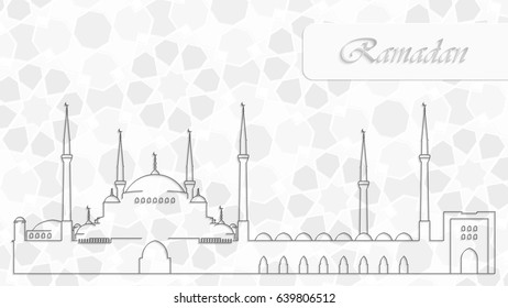 Vector Illustration of Eid Mubarak poster, banner or greeting card design. Mosque silhouette over geometric islamic wallpaper pattern for holy month of muslim community Ramadan Kareem