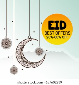Vector illustration of Eid offer poster, banner or flyer design with Hanging Creative Moon.