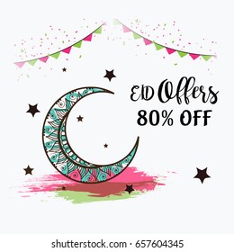 Vector illustration of Eid offer poster, banner or flyer design with Creative Moon.
