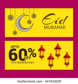 Vector illustration of Eid offer poster, banner or flyer design with creative Hanging Moon.