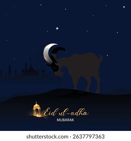 Vector Illustration of eid ul adha mubarak night background with a half Moon visible on a goat horn.