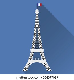 Vector illustration of Eiffel tower with 45 angle long shadow. Flat.  EPS 10