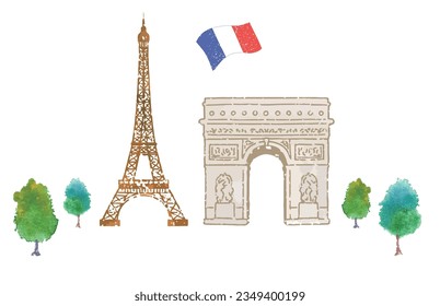 Ilustración vectorial de la Torre Eiffel, Arco del Triunfo, Francia