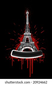 Vector illustration of the Eiffel tower in bloody grunge splatter style with bolted billboard for custom elements.