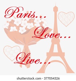 Vector illustration of the Eiffel Tower, a bouquet of flowers, hearts. Can be used as a postcard, background, wallpaper, and more.
