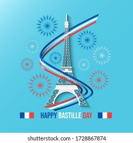 Vector illustration of Eiffel tower, France flag, and fireworks, for Bastille Day.