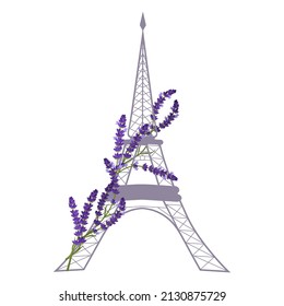 Vector illustration with Eiffel tower and lavender on white isolated background. Template for postcard, logo, poster, icon and web design.