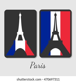 Vector illustration of Eiffel tower magnet design. Stylish elements with colors of national flag. For souvenir design or print.