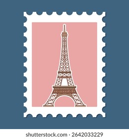 Vector illustration of the Eiffel Tower on a vintage-style stamp with pastel colors and clean lines