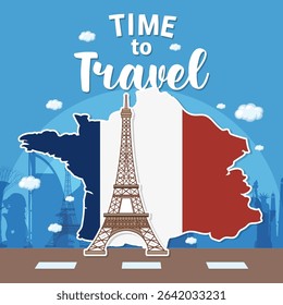 Vector illustration of the Eiffel Tower over a France map with vibrant colors and travel theme