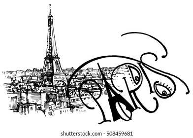 Vector illustration of Eiffel tower over roofs of Paris