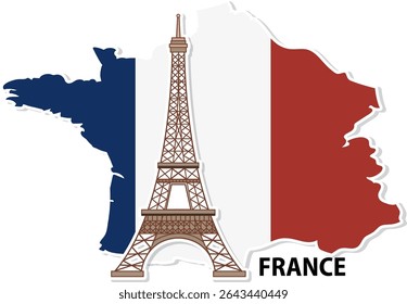 Vector illustration of the Eiffel Tower overlaid on a French map with flag colors. Clean lines and vibrant hues