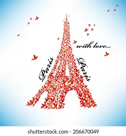 Vector illustration of Eiffel tower from paper origami doves of Paris
