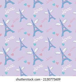 Vector illustration of Eiffel Tower. Paris. Love France. Seamless pattern for fabrics and wrapping paper.