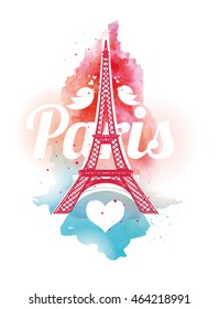 Vector illustration of Eiffel Tower in Paris, vector template for design t-shirts, graphics.watercolor background