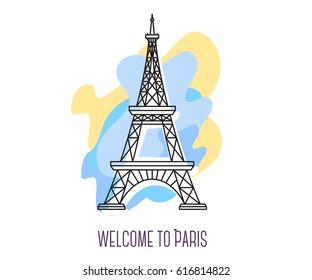 Vector illustration of Eiffel Tower. Paris landmark. Symbol of France. Sight-seeing of Europe. Thin line art design on abstract blue and yellow background with text for card, web, site, tourist banner