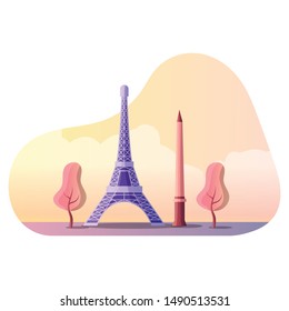 Vector illustration of a Eiffel tower and place de la concorde as a famous tourist destination in Paris, France